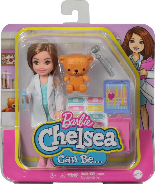 Arjoos | Barbie Chelsea Can Be Playset - Brunette Chelsea Doctor Doll (6-in/15.24-cm) | Clipboard, EKG Reader, Band - aid Stickers,2 Medical Tools, Teddy Bear, Great Gift for kids | Birthday Gifts for Kids - Ages - 3+