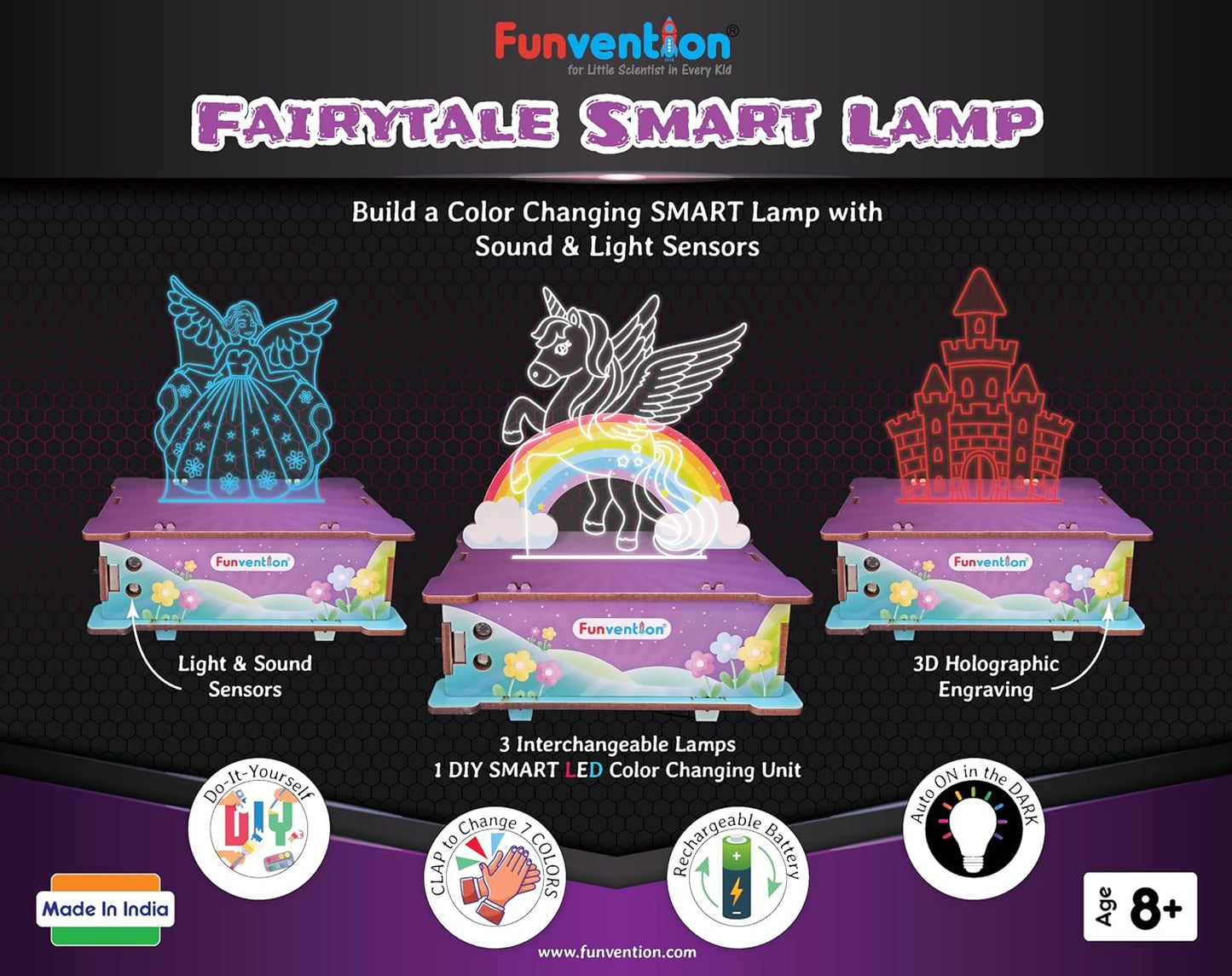 Arjoos | Fairytale Smart Lamp (Unicorn, Angle & Castle) | Sound & Light Controlled Lamp | STEM Learning DIY Utility Kit ( Clap to Change Colour & Auto ON in Dark) | Birthday Gifts for Kids | (Ages 8+)