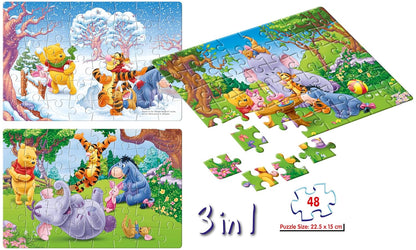 Arjoos | Disney Winnie The Pooh (48 Pieces) 3 in 1 Jigsaw Puzzle for Kids Above 5+ Years - Fun & Challenging Brain Booster Games - for Focus and Memory