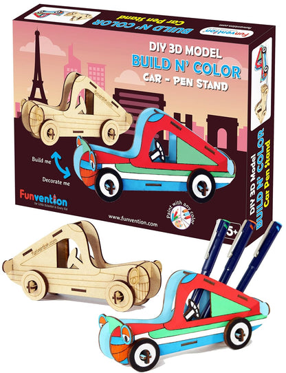 Arjoos | Funvention Car - 3D Colouring Model | DIY Desk Organizer Pen Stand  | Art, Colouring and Painting Kit for Kids | Birthday Gift For Kids - ( Ages - 4+ Years )