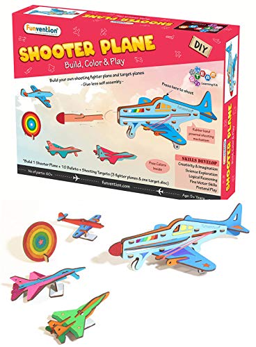 Arjoos | Funvention DIY Shooter Plane | Mechanical Shooting Model with 3 Target Planes and One Target Disc and Free Colours | Birthday Gift For Kids - ( Ages - 5+ Years )