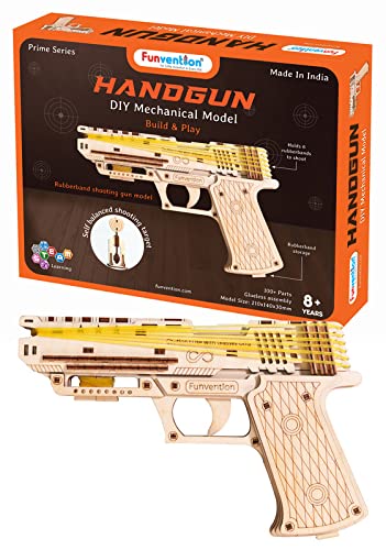 Arjoos | Handgun - DIY Functional Mechanical Model | I STEM 3D Puzzle Learning Kit | Collectible Building Kit with rubber band shooting & storage | Birthday Gifts for Kids | (Ages 8+)