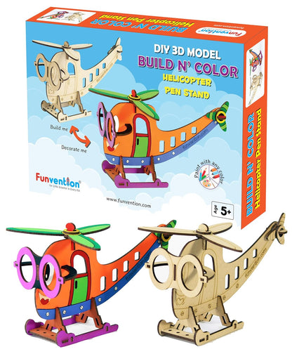 Arjoos | Helicopter Pen Stand - 3D Colouring Model | DIY Desk Organizer Pen Stand | STEM Learning 3D Puzzle Toy -Art, Colouring and Painting Kit  | Birthday Gifts for Kids  - Age - 5+Years