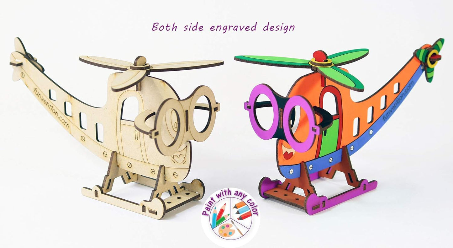 Arjoos | Helicopter Pen Stand - 3D Colouring Model | DIY Desk Organizer Pen Stand | STEM Learning 3D Puzzle Toy -Art, Colouring and Painting Kit  | Birthday Gifts for Kids  - Age - 5+Years