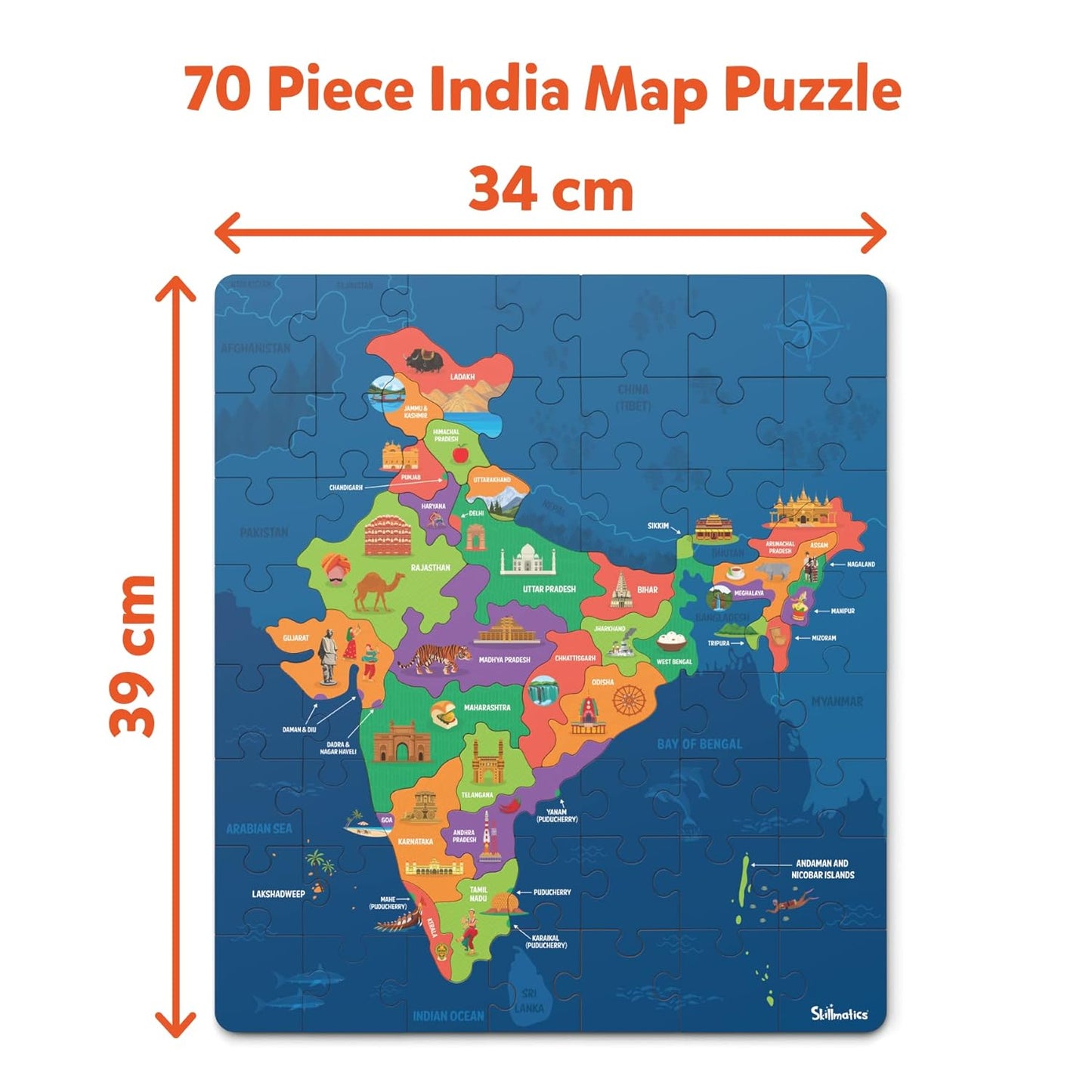 Arjoos | India Map Puzzle - 70 Pieces | Floor Puzzle & Game | Educational Toy For Learning 300+ Facts About India | Birthday Gifts for Kids - Age - 6+Years