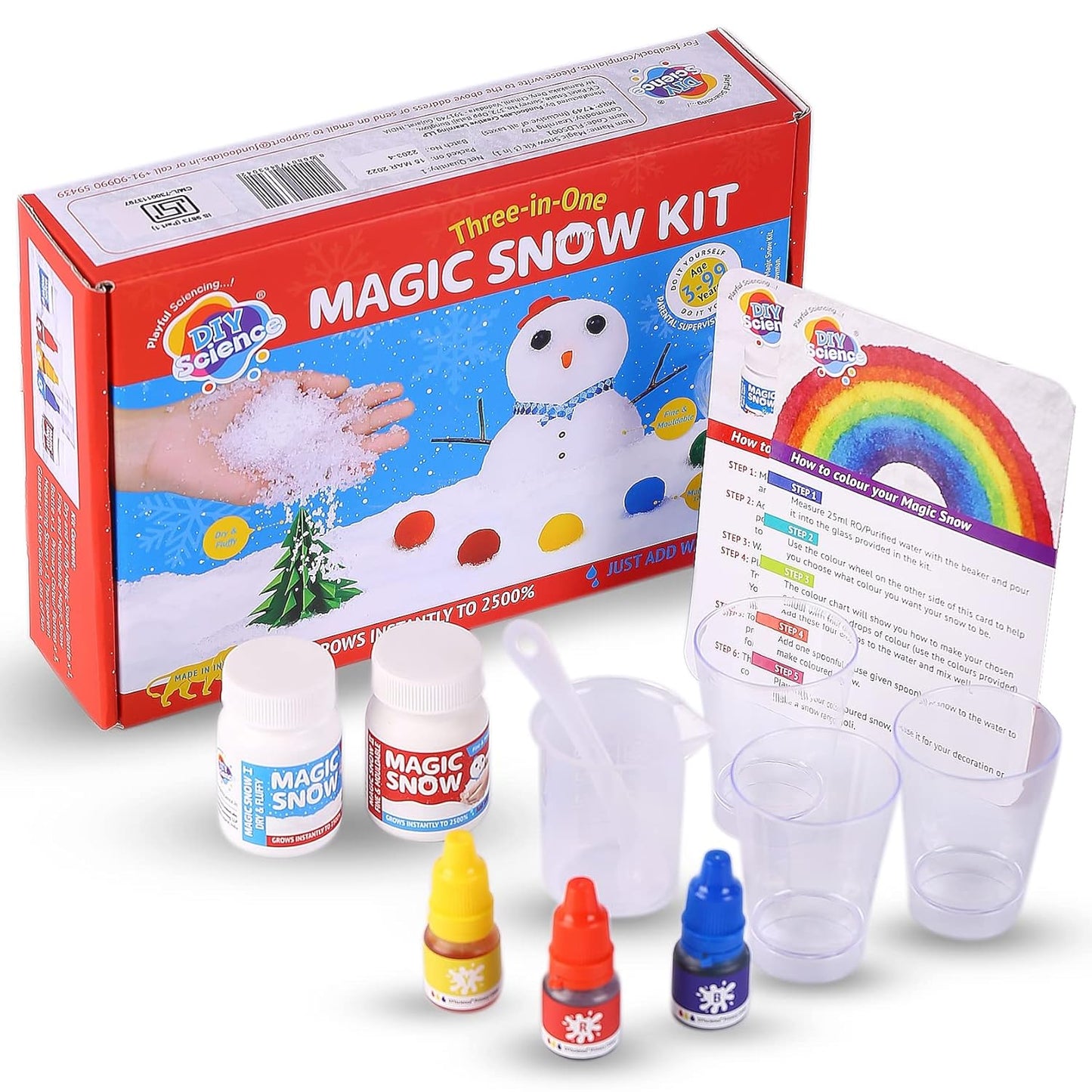 Arjoos | Magic Snow Kit (3-in-1) | 950+ Foil Sticker | Instant Snow, Magically Grows to 2500% | Dry & Fluffy, Fine & Mouldable, Colourful Snow 12+ Colours, Make Snowman, Christmas Decoration | Birthday Gift For Kids - Ages - 3+ ( Safe for Kids )