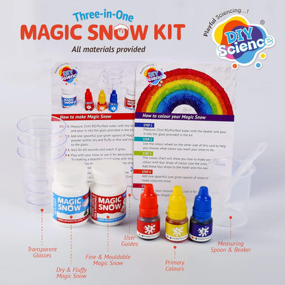 Arjoos | Magic Snow Kit (3-in-1) | 950+ Foil Sticker | Instant Snow, Magically Grows to 2500% | Dry & Fluffy, Fine & Mouldable, Colourful Snow 12+ Colours, Make Snowman, Christmas Decoration | Birthday Gift For Kids - Ages - 3+ ( Safe for Kids )