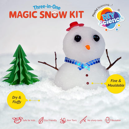 Arjoos | Magic Snow Kit (3-in-1) | 950+ Foil Sticker | Instant Snow, Magically Grows to 2500% | Dry & Fluffy, Fine & Mouldable, Colourful Snow 12+ Colours, Make Snowman, Christmas Decoration | Birthday Gift For Kids - Ages - 3+ ( Safe for Kids )