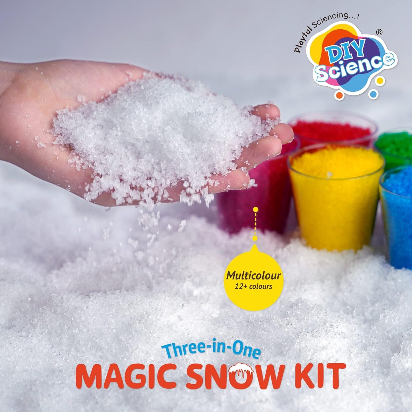 Arjoos | Magic Snow Kit (3-in-1) | 950+ Foil Sticker | Instant Snow, Magically Grows to 2500% | Dry & Fluffy, Fine & Mouldable, Colourful Snow 12+ Colours, Make Snowman, Christmas Decoration | Birthday Gift For Kids - Ages - 3+ ( Safe for Kids )