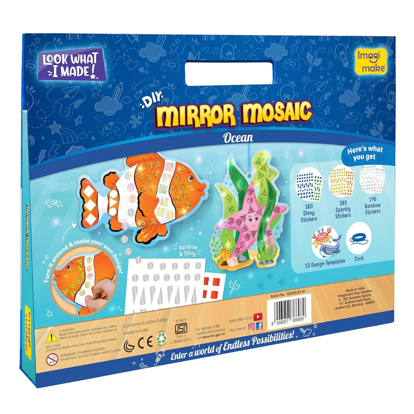 Arjoos | Mirror Mosaic : Ocean - Mess Free Diy | 950+ Foil Sticker | Mosaic Craft Kit ,  Travel Toys For Girls | Birthday Gift For Kids - Ages - 3+