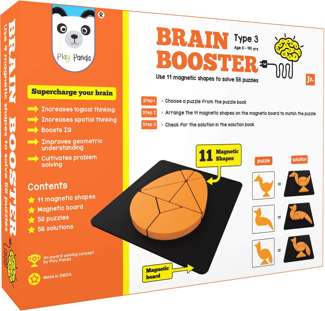 Arjoos | Play Panda Brain Booster Set 3 (junior) - 56 puzzles designed to boost intelligence - with Magnetic shapes, Magnetic board, Puzzle book and Solution book | Toy for Boys and Girls