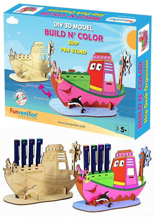 Arjoos | Ship Pen Stand - 3D Colouring Model | 3D Mechanical Do IT Yourself Toy | STEM Learning 3D Puzzle Toy -Art, Colouring and Painting Kit  | Birthday Gifts for Kids  - Age - 5+Years