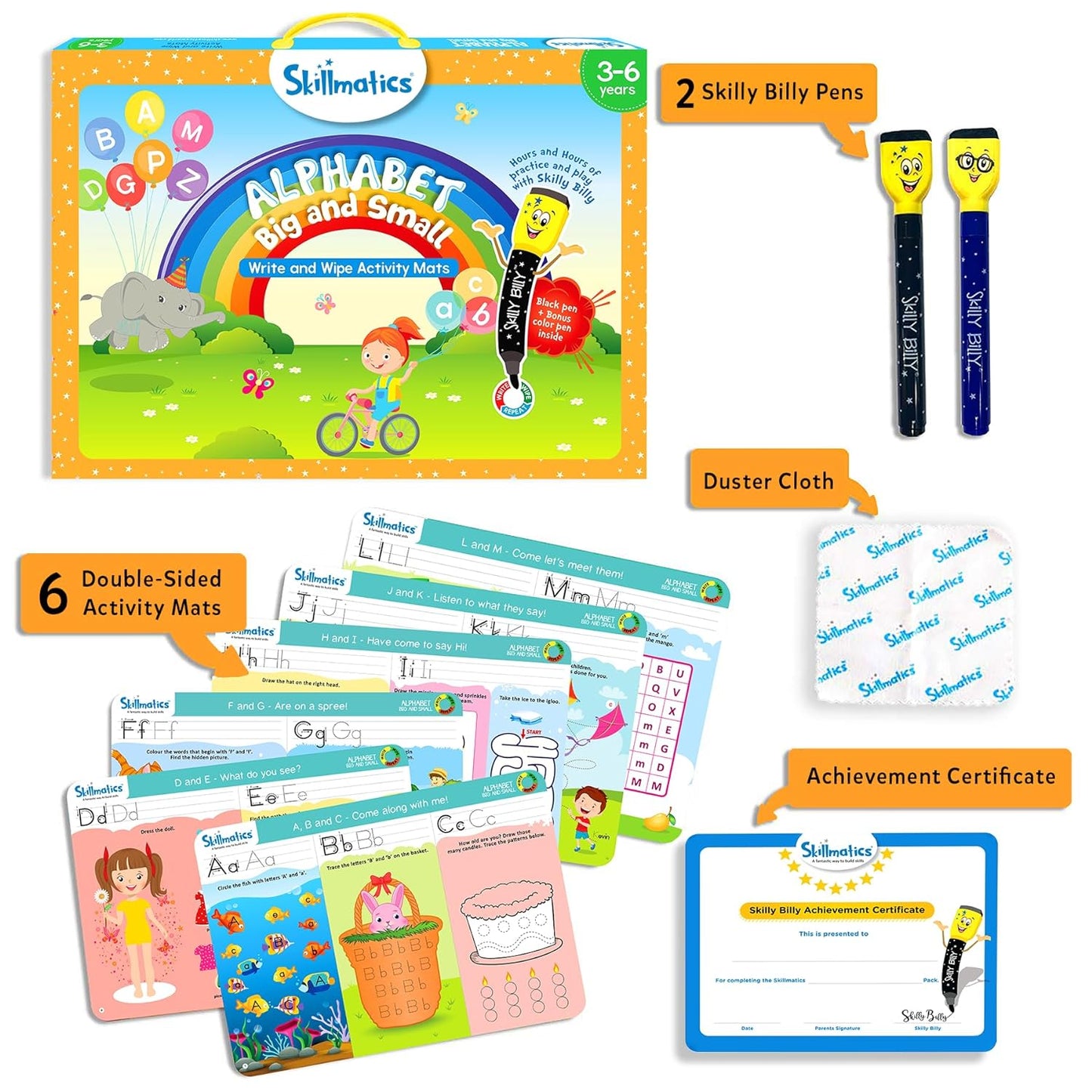 Arjoos | Skillmatics Educational Game - Alphabet Big and Small | Reusable Activity Mats with 2 Dry Erase Markers | Gifts for Ages 3 to 6 | Toys for Kids | Both Boys and Girls