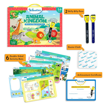 Arjoos | Skillmatics Educational Game - Animal Kingdom | Reusable Activity Mats with 2 Dry Erase Markers | Gifts for Ages 3 to 6 | Multicolour | Both Boys and Girls