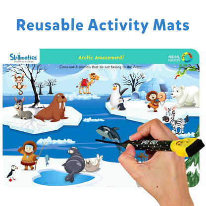 Arjoos | Skillmatics Educational Game - Animal Kingdom | Reusable Activity Mats with 2 Dry Erase Markers | Gifts for Ages 3 to 6 | Multicolour | Both Boys and Girls