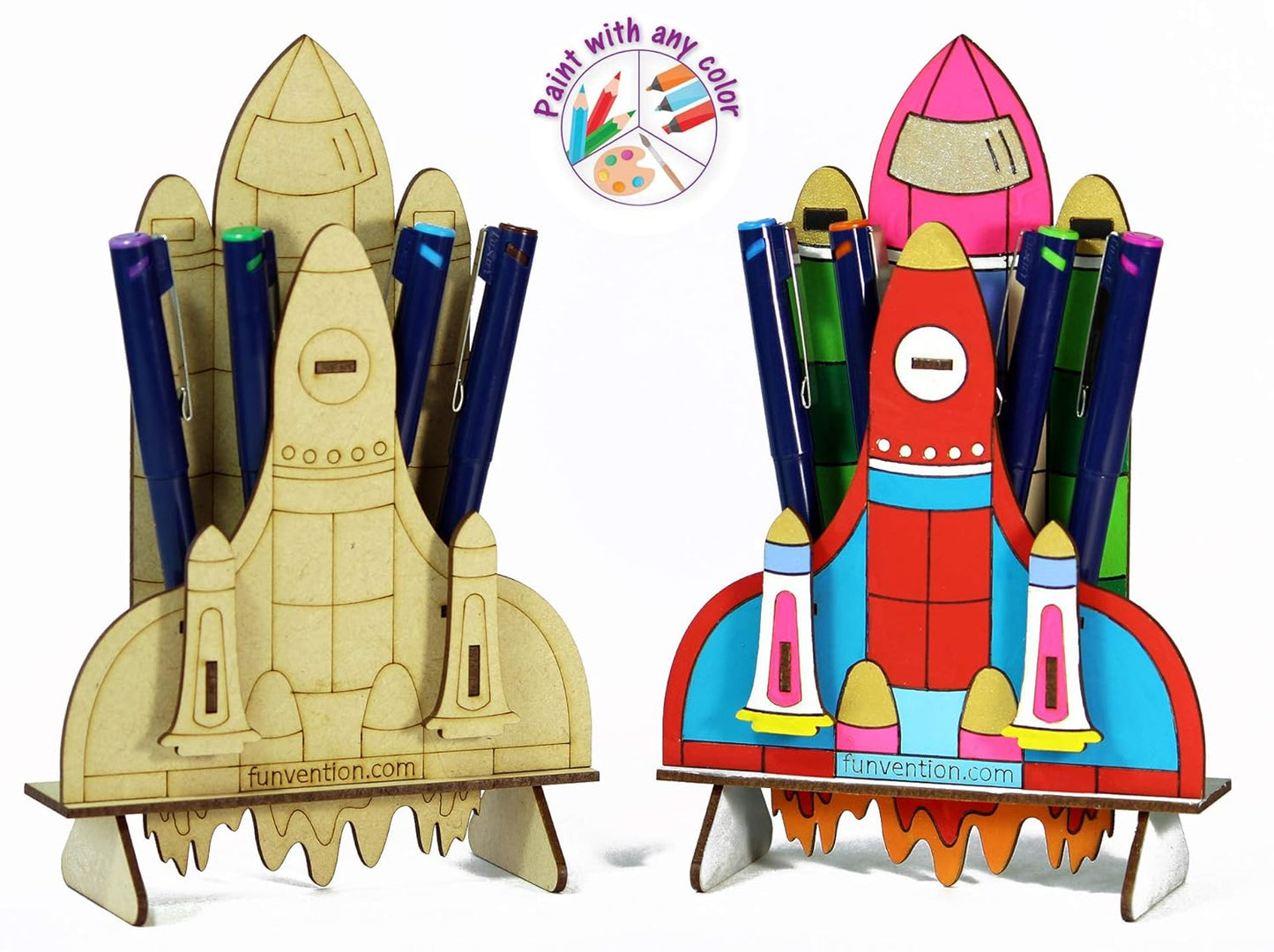 Arjoos | Space Shuttle Pen Stand - 3D Colouring Model | 3D Mechanical DIY Toy | STEM Learning 3D Puzzle Toy -Art, Colouring and Painting Kit  | Birthday Gifts for Kids  - Age - 5+Years