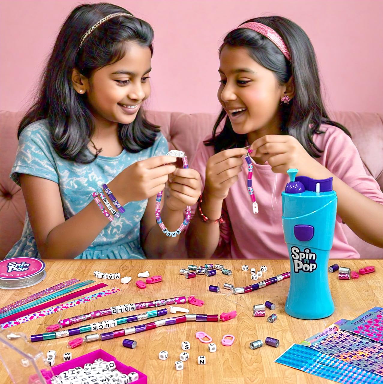 Arjoos | Spin n Pop DIY Bracelet Making Kit | Patented Electric Bracelet Maker for Kids 8-12 | Create 10 Unique Bracelets with Shiny Foil Beads, Alphabet Beads & Clasps | Birthday Gifts for Kids  - Age - 8+Years