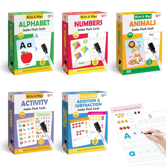 Arjoos | Write & Wipe Flash Cards : ABC, Numbers, Animals, Activity, Simple Maths - ( Any One Pack) | 32 Reusable Cards with Marker Pen | Gifts, Travel Toy & Preschool Learning for Kids  - Age - 3+Years