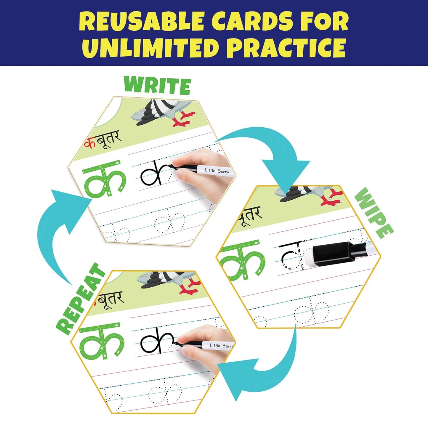 Arjoos | Write & Wipe Flash Cards: Hindi Varnamala (Ka Kha Ga)  | 32 Reusable Cards with Marker Pen | Gifts, Travel Toy & Preschool Learning for Kids  - Age - 3+Years