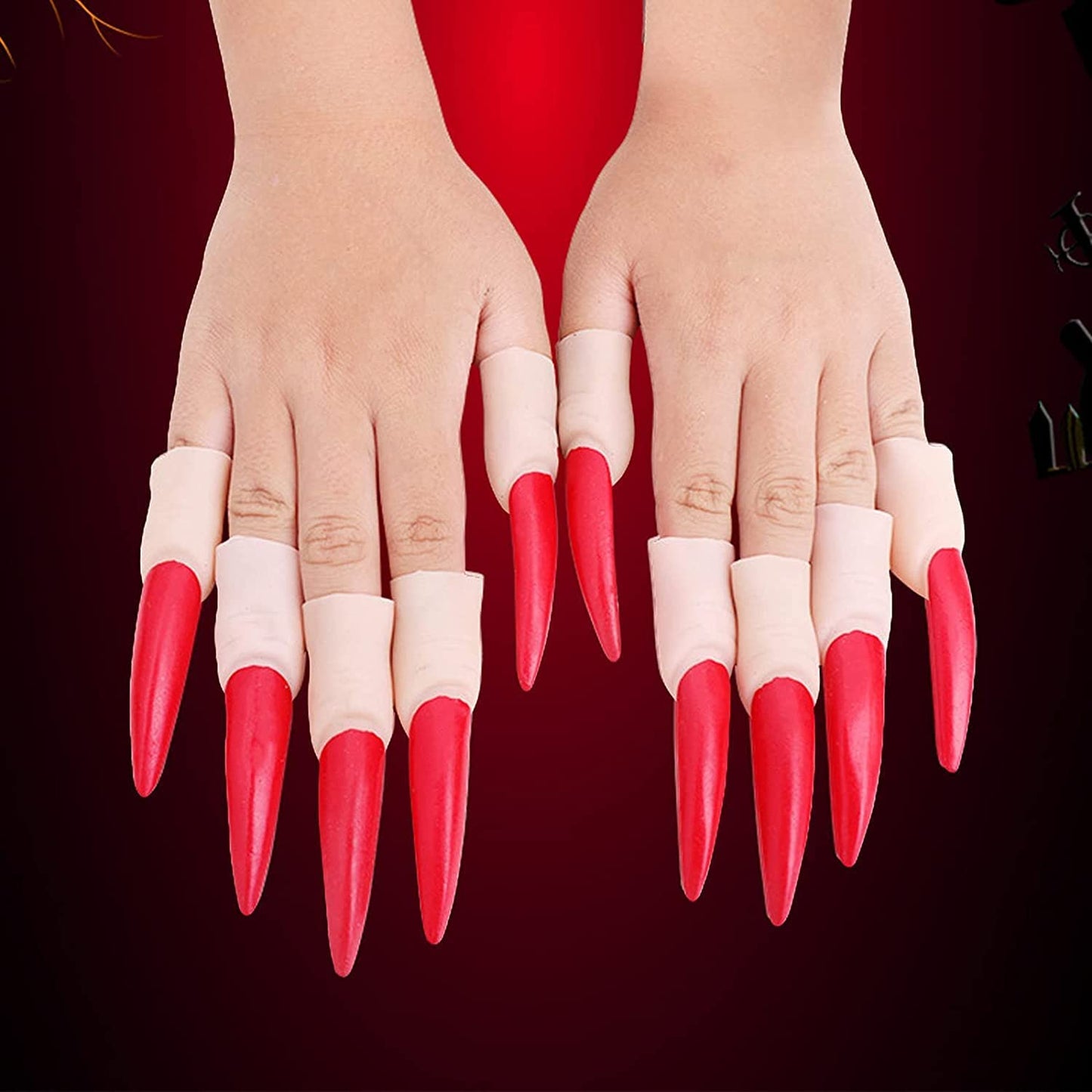 Arjoos | Zombie Witch Fake Nails Cover with 2 teeth's - ( RED Nails ) | Fake Finger Claw Witch Nails Scary , Halloween Nail Finger Tips Creepy , Witch Fingers Long Nails | Halloween Party Supplies ( 5 Nails In a Pack )