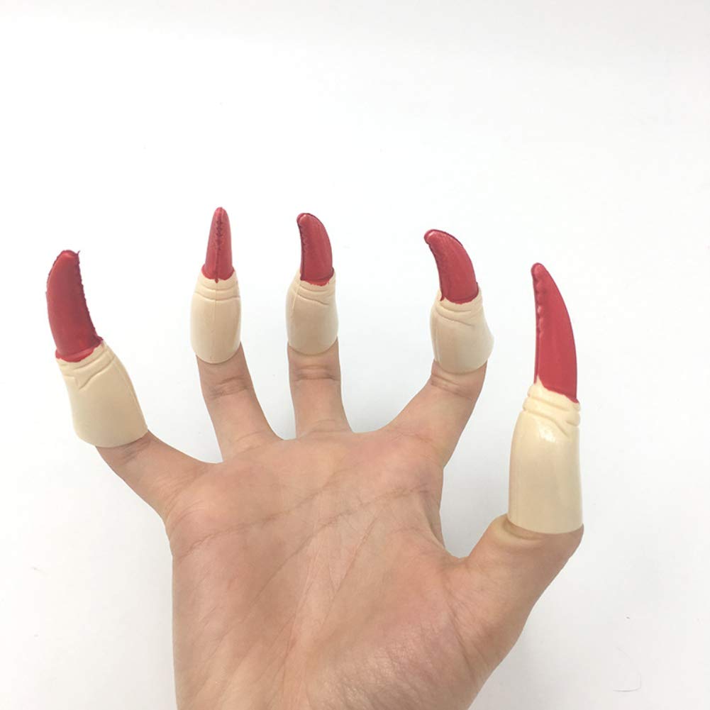 Arjoos | Zombie Witch Fake Nails Cover with 2 teeth's - ( RED Nails ) | Fake Finger Claw Witch Nails Scary , Halloween Nail Finger Tips Creepy , Witch Fingers Long Nails | Halloween Party Supplies ( 5 Nails In a Pack )