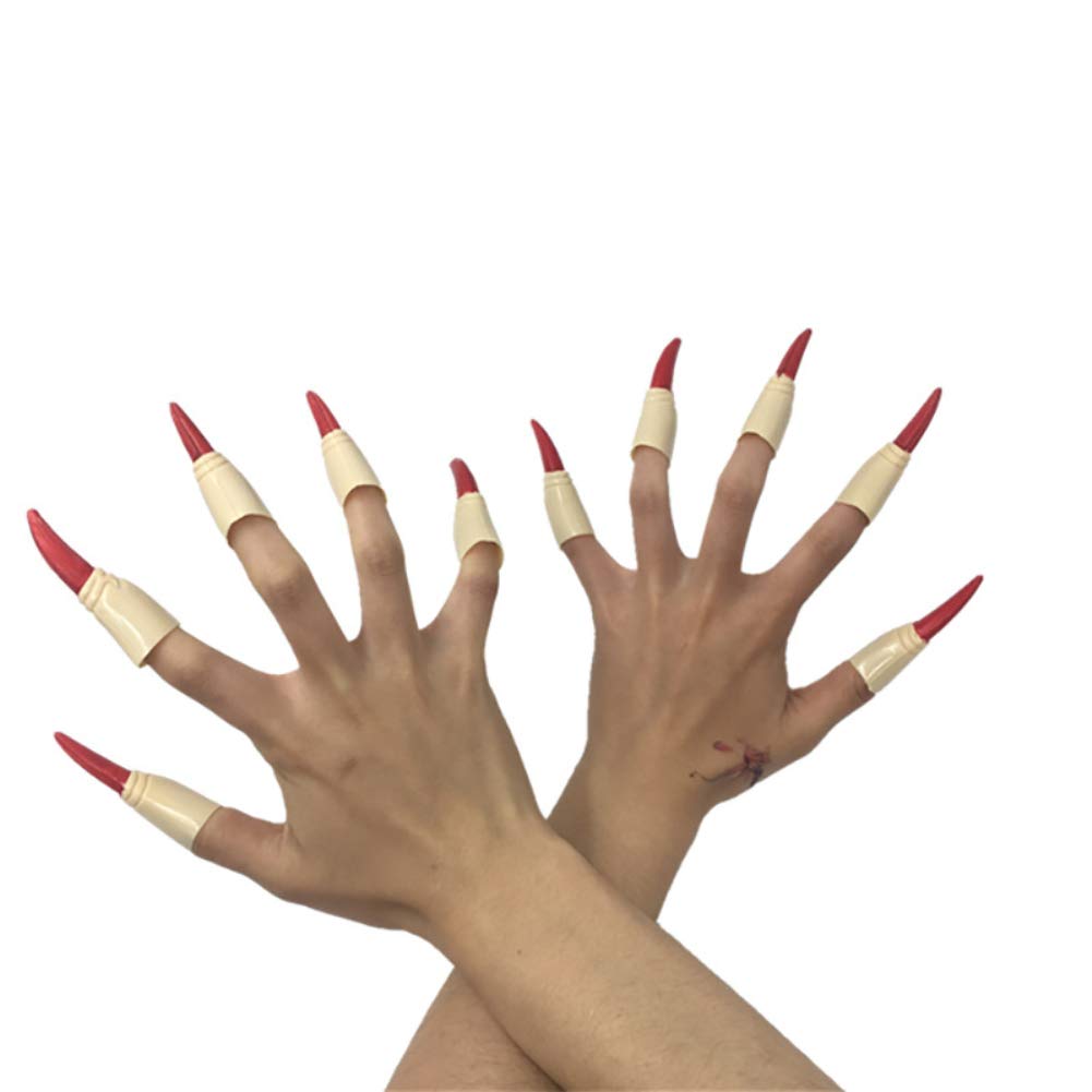 Arjoos | Zombie Witch Fake Nails Cover with 2 teeth's - ( RED Nails ) | Fake Finger Claw Witch Nails Scary , Halloween Nail Finger Tips Creepy , Witch Fingers Long Nails | Halloween Party Supplies ( 5 Nails In a Pack )