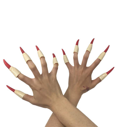 Arjoos | Zombie Witch Fake Nails Cover with 2 teeth's - ( RED Nails ) | Fake Finger Claw Witch Nails Scary , Halloween Nail Finger Tips Creepy , Witch Fingers Long Nails | Halloween Party Supplies ( 5 Nails In a Pack )