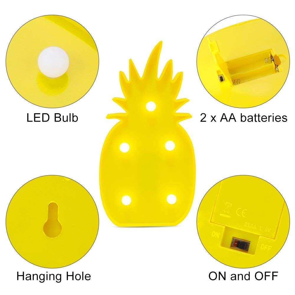 Arjoos | Decorative LED Pineapple Light Tropical Desk Lamp Marquee Sign Light (Battery Operated)