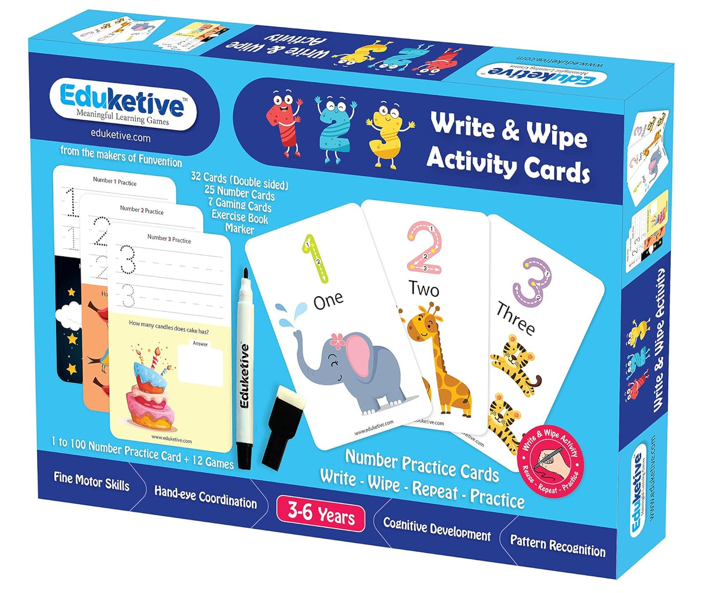 Arjoos |  Eduketive -  1 2 3 Numbers & Counting Write & Wipe Reusable Activity Cards |  Writing Practice & Preschool Learning Educational Game with Exercise Book | Ages ( 3-6 yrs )