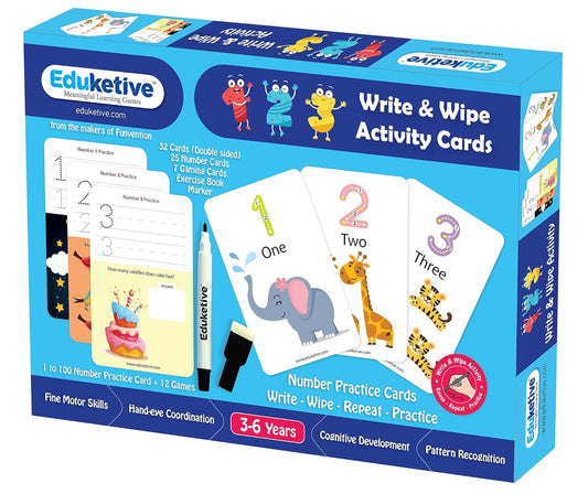 Arjoos |  Eduketive -  1 2 3 Numbers & Counting Write & Wipe Reusable Activity Cards |  Writing Practice & Preschool Learning Educational Game with Exercise Book | Ages ( 3-6 yrs )