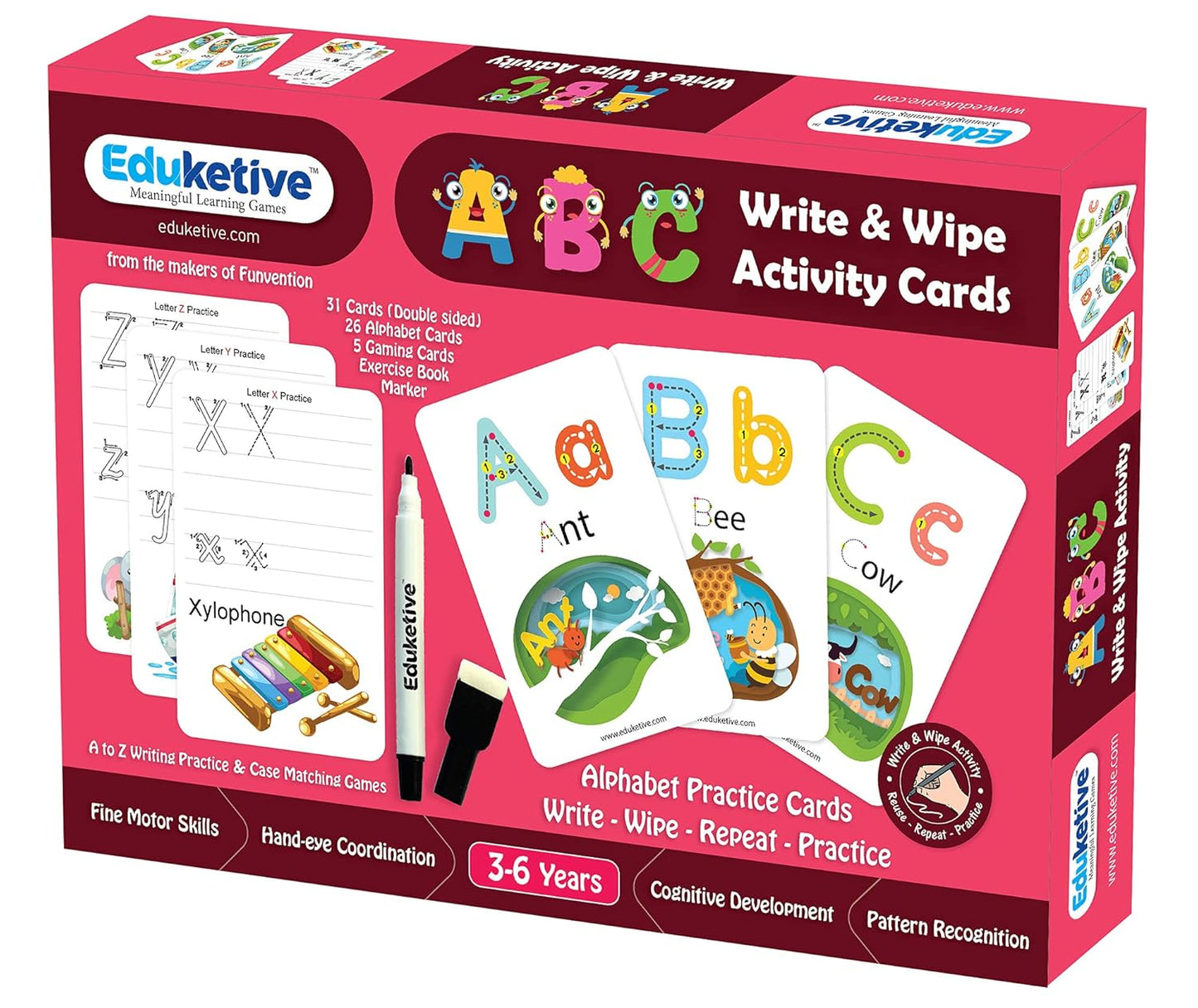 Arjoos |  Eduketive -  ABC Letters Write & Wipe Reusable Activity Cards |  Writing Practice & Preschool Learning Educational Game with Exercise Book | Ages ( 3-6 yrs )