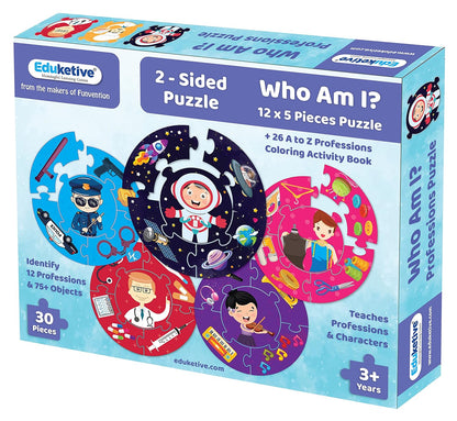 Arjoos  | Eduketive WHO AM I - Educational Puzzle Learn About 12 Professions Both Sided Printed - 30 Pieces Puzzle