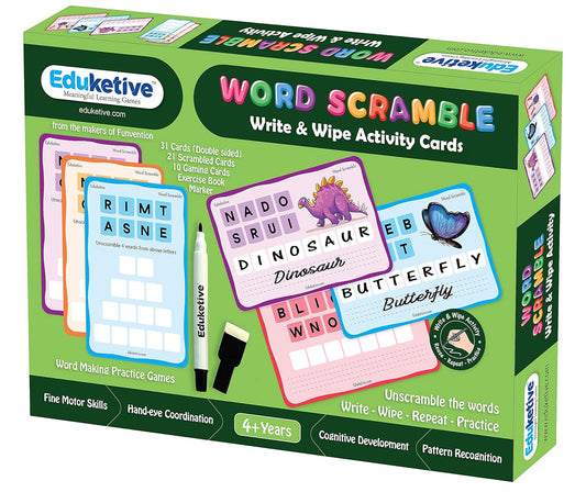 Arjoos |  Eduketive -  Word Scramble Write & Wipe Reusable Activity Cards |  Writing Practice & Preschool Learning Educational Game with Exercise Book | Ages ( 3-9 yrs )