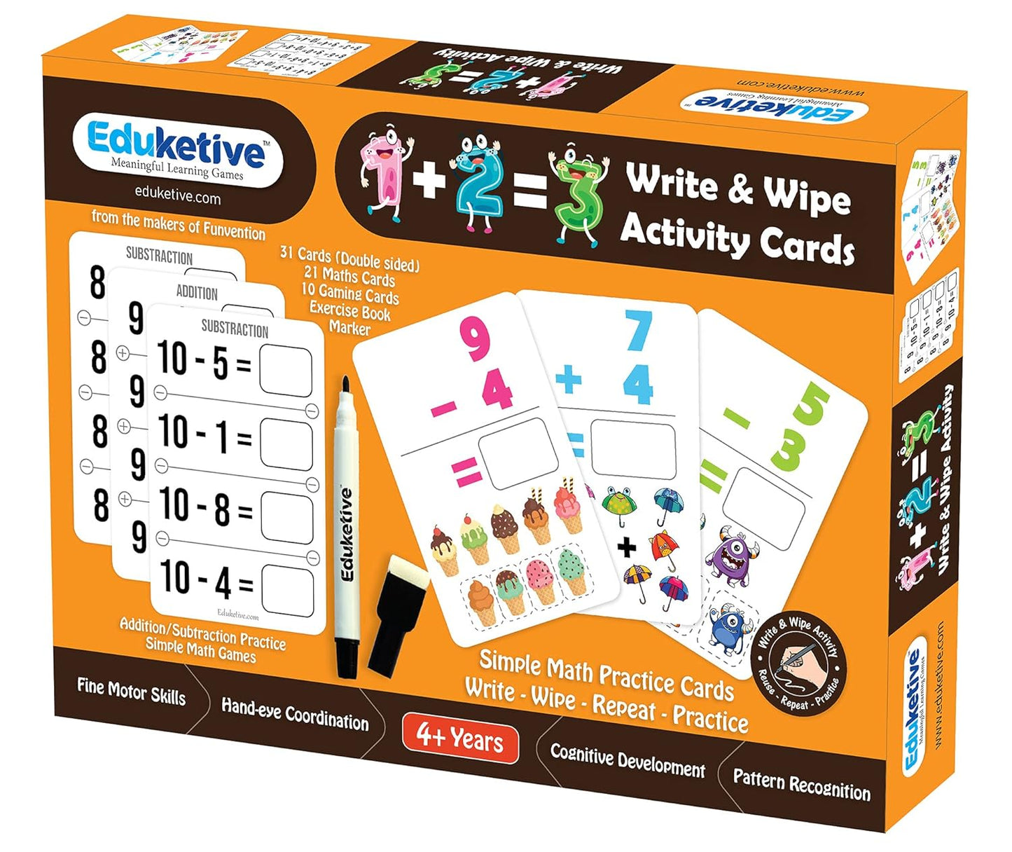 Arjoos |  Eduketive 1+2=3 Write & Wipe Reusable Activity Cards |  Writing Practice & Preschool Learning Educational Game with Exercise Book | Ages ( 3-9 yrs )