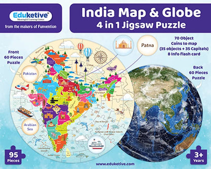 Arjoos  |  Eduketive India Map & Globe - 4 in 1 Puzzle Activity Game | 95 Pieces Jigsaw Puzzle - Kids Age 4+