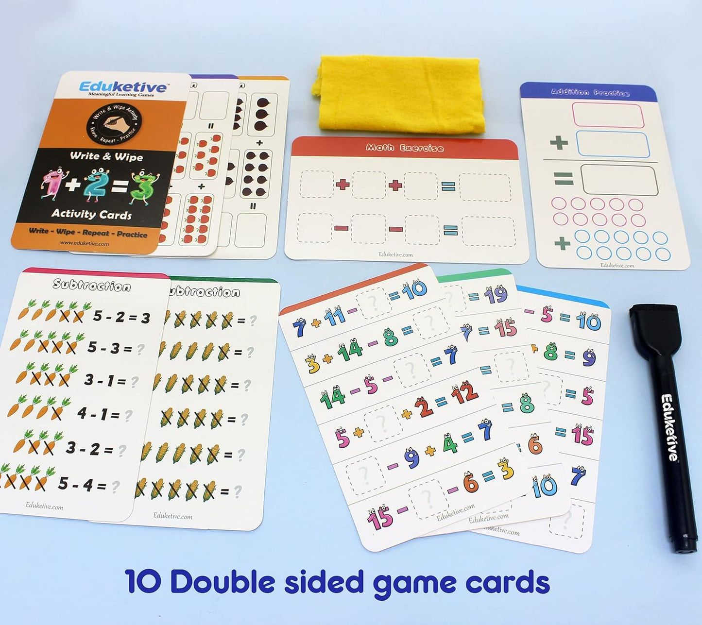 Arjoos |  Eduketive 1+2=3 Write & Wipe Reusable Activity Cards |  Writing Practice & Preschool Learning Educational Game with Exercise Book | Ages ( 3-9 yrs )