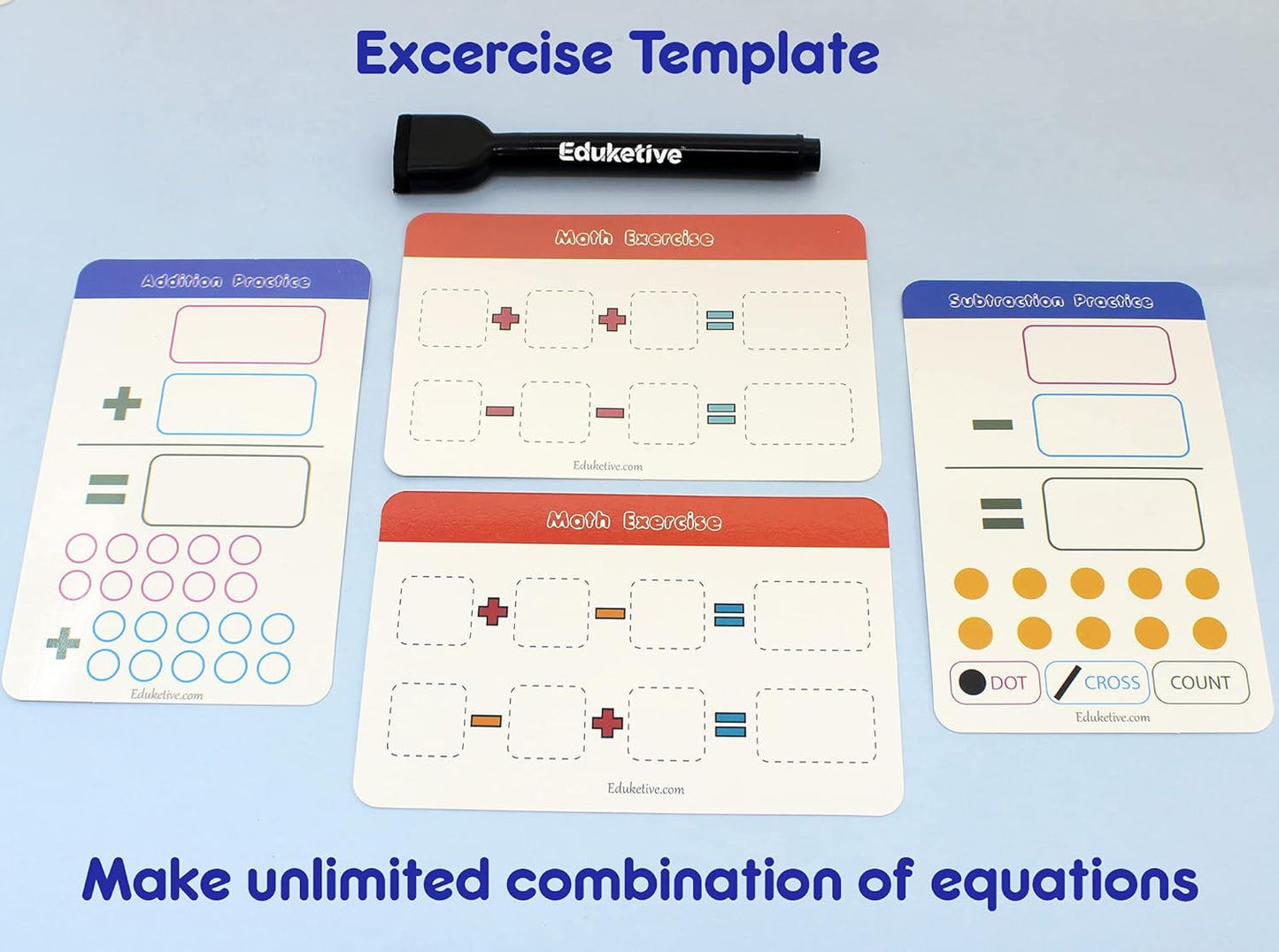 Arjoos |  Eduketive 1+2=3 Write & Wipe Reusable Activity Cards |  Writing Practice & Preschool Learning Educational Game with Exercise Book | Ages ( 3-9 yrs )