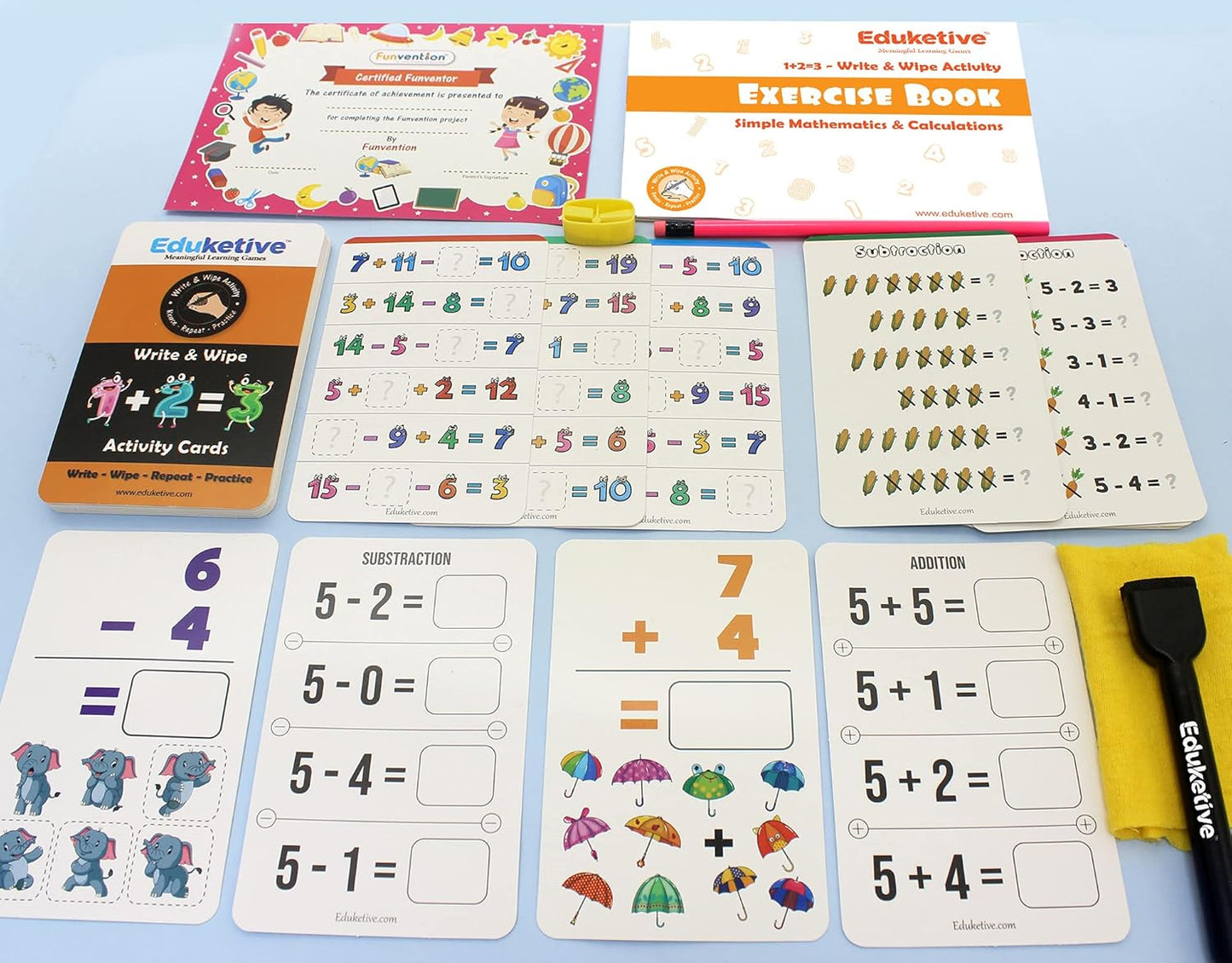 Arjoos |  Eduketive 1+2=3 Write & Wipe Reusable Activity Cards |  Writing Practice & Preschool Learning Educational Game with Exercise Book | Ages ( 3-9 yrs )