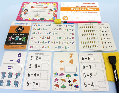 Arjoos |  Eduketive 1+2=3 Write & Wipe Reusable Activity Cards |  Writing Practice & Preschool Learning Educational Game with Exercise Book | Ages ( 3-9 yrs )