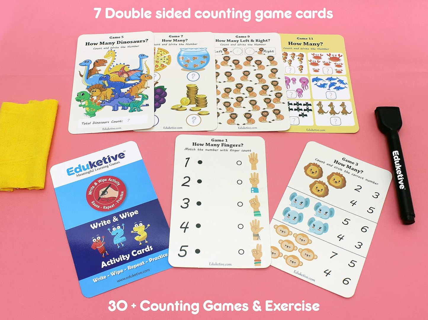 Arjoos |  Eduketive -  1 2 3 Numbers & Counting Write & Wipe Reusable Activity Cards |  Writing Practice & Preschool Learning Educational Game with Exercise Book | Ages ( 3-6 yrs )