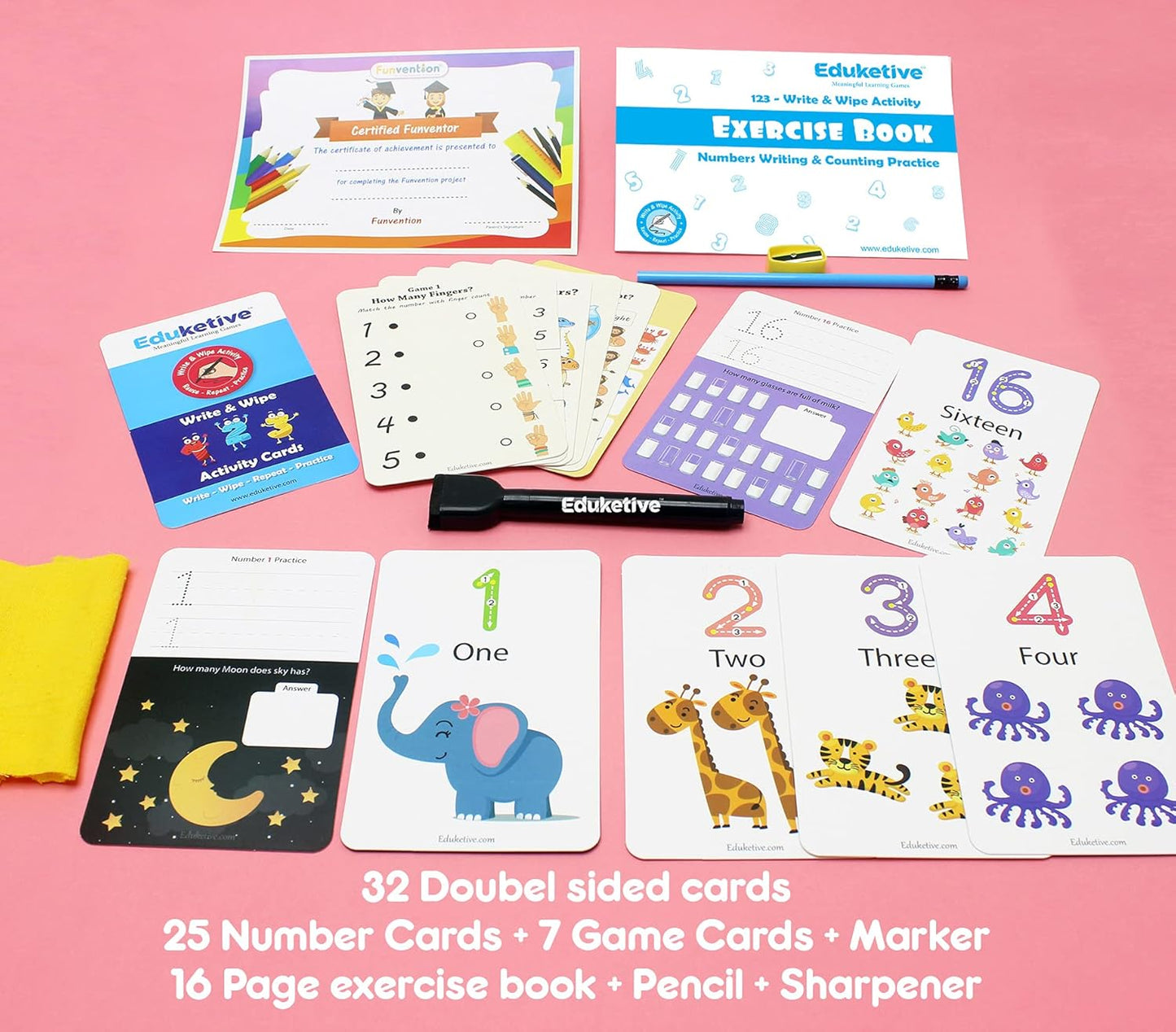 Arjoos |  Eduketive -  1 2 3 Numbers & Counting Write & Wipe Reusable Activity Cards |  Writing Practice & Preschool Learning Educational Game with Exercise Book | Ages ( 3-6 yrs )