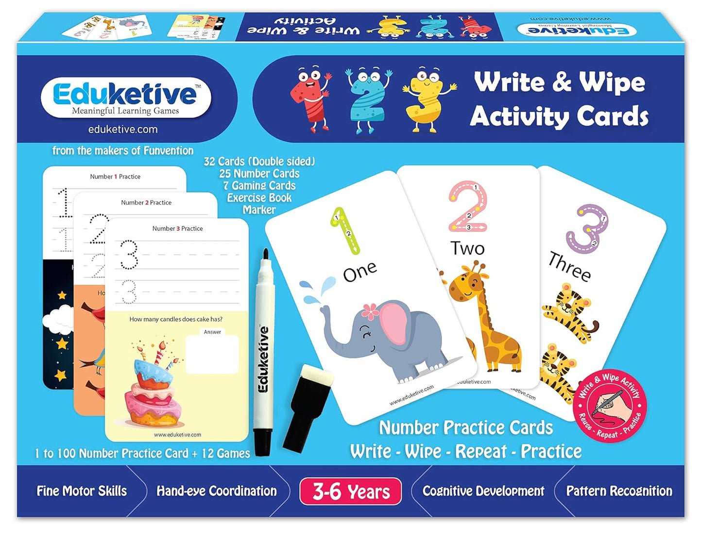 Arjoos |  Eduketive -  1 2 3 Numbers & Counting Write & Wipe Reusable Activity Cards |  Writing Practice & Preschool Learning Educational Game with Exercise Book | Ages ( 3-6 yrs )