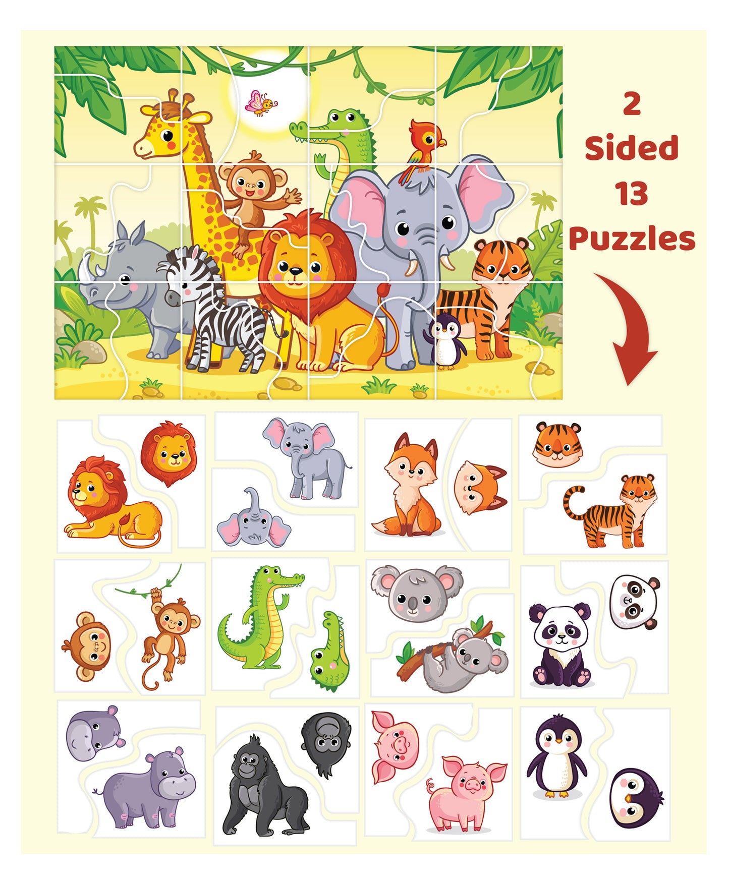 Arjoos  |  Eduketive Unity Of The Jungle 2 Sided Puzzle Single Front Puzzle & Back Puzzles - 24 Pieces