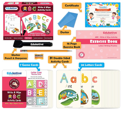 Arjoos |  Eduketive -  ABC Letters Write & Wipe Reusable Activity Cards |  Writing Practice & Preschool Learning Educational Game with Exercise Book | Ages ( 3-6 yrs )