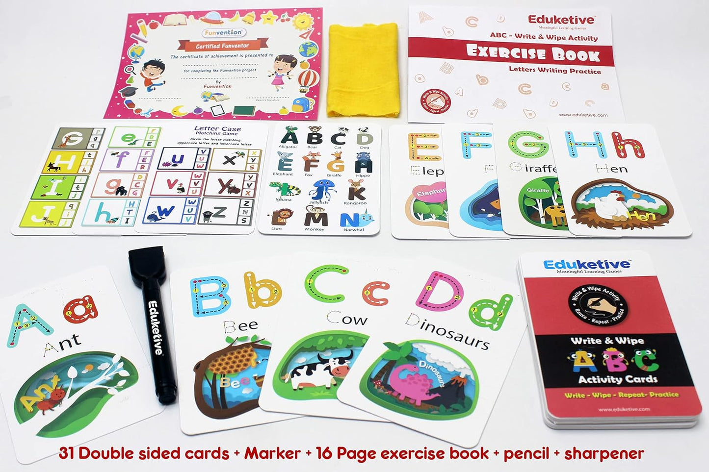 Arjoos |  Eduketive -  ABC Letters Write & Wipe Reusable Activity Cards |  Writing Practice & Preschool Learning Educational Game with Exercise Book | Ages ( 3-6 yrs )