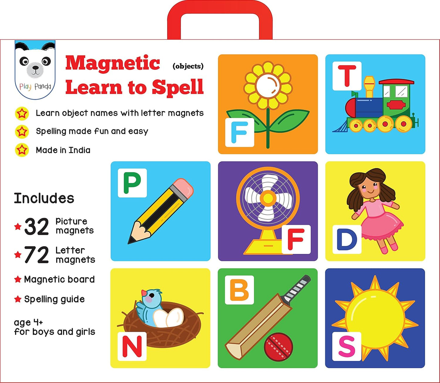 Arjoos | Magnetic Learn to Spell - Objects | 32 Picture Magnets, 72 Letter Magnets & Magnetic Board and Spelling Guide | Gift For Kids.