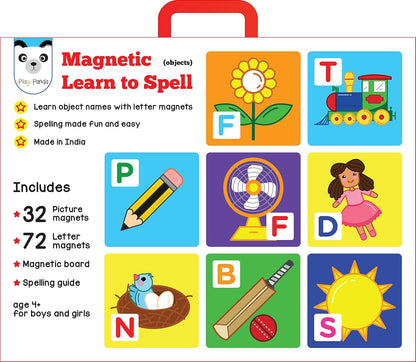 Arjoos | Magnetic Learn to Spell - Objects | 32 Picture Magnets, 72 Letter Magnets & Magnetic Board and Spelling Guide | Gift For Kids.