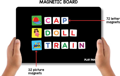 Arjoos | Magnetic Learn to Spell - Objects | 32 Picture Magnets, 72 Letter Magnets & Magnetic Board and Spelling Guide | Gift For Kids.