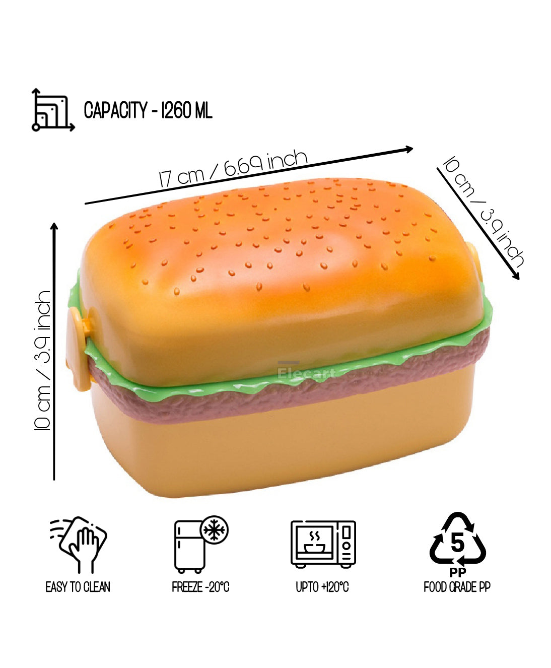 Arjoos | Rectangular Shape Burger Lunch Box, Sandwich Burger Shape Tiffin Box For Kids | Cute Lunch Box For Kids