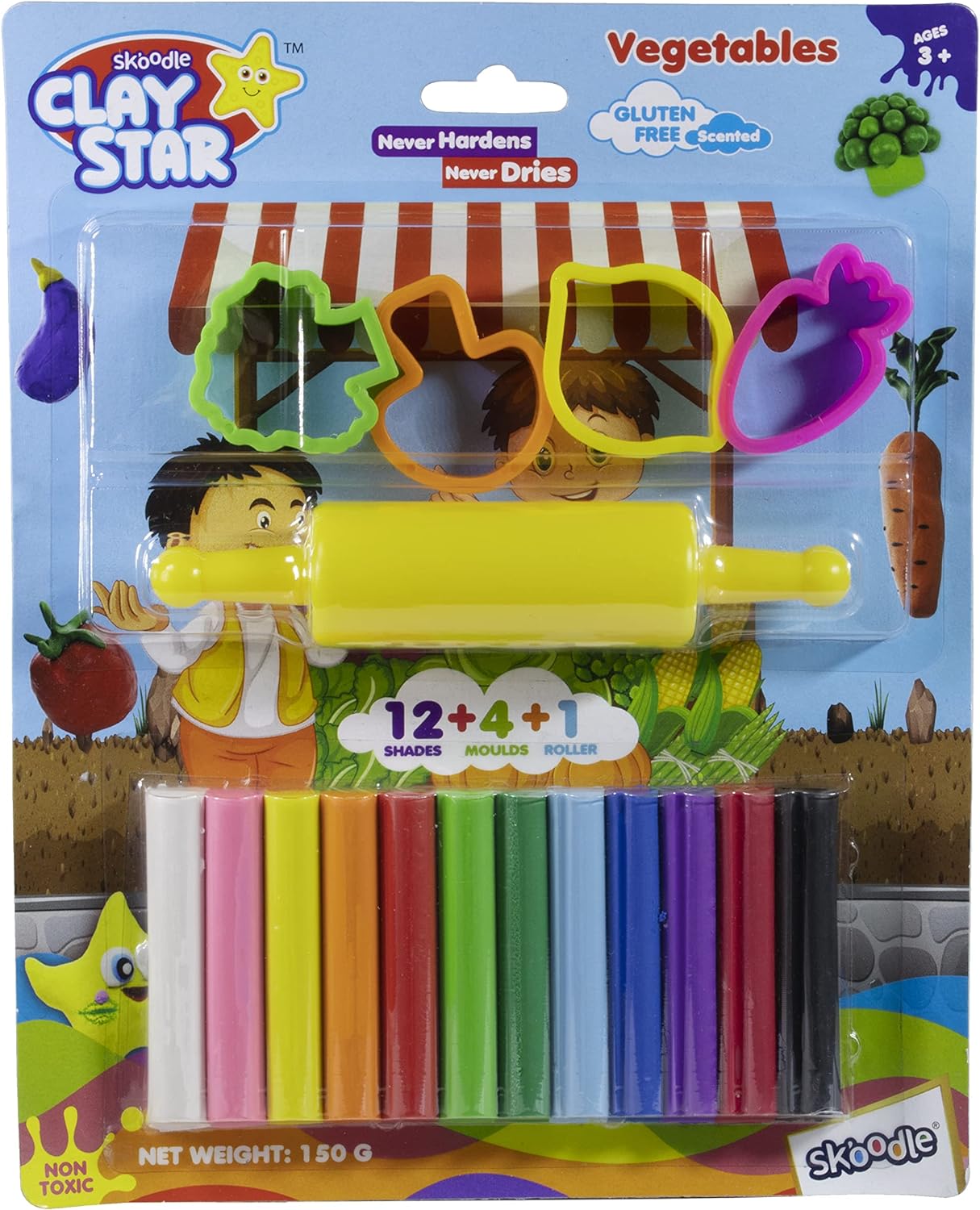 Arjoos | Skoodle Clay Star Scented Clay Pack, 12 Multicolor Clay Sticks + 4 Moulds + 1 Roller (150gm)